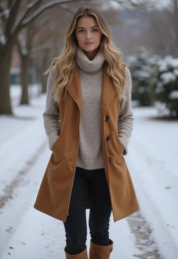 30 Must-Try Outfit Invernali Scuola Combos This Season - 25. Long Vest Over Sweater and Leggings