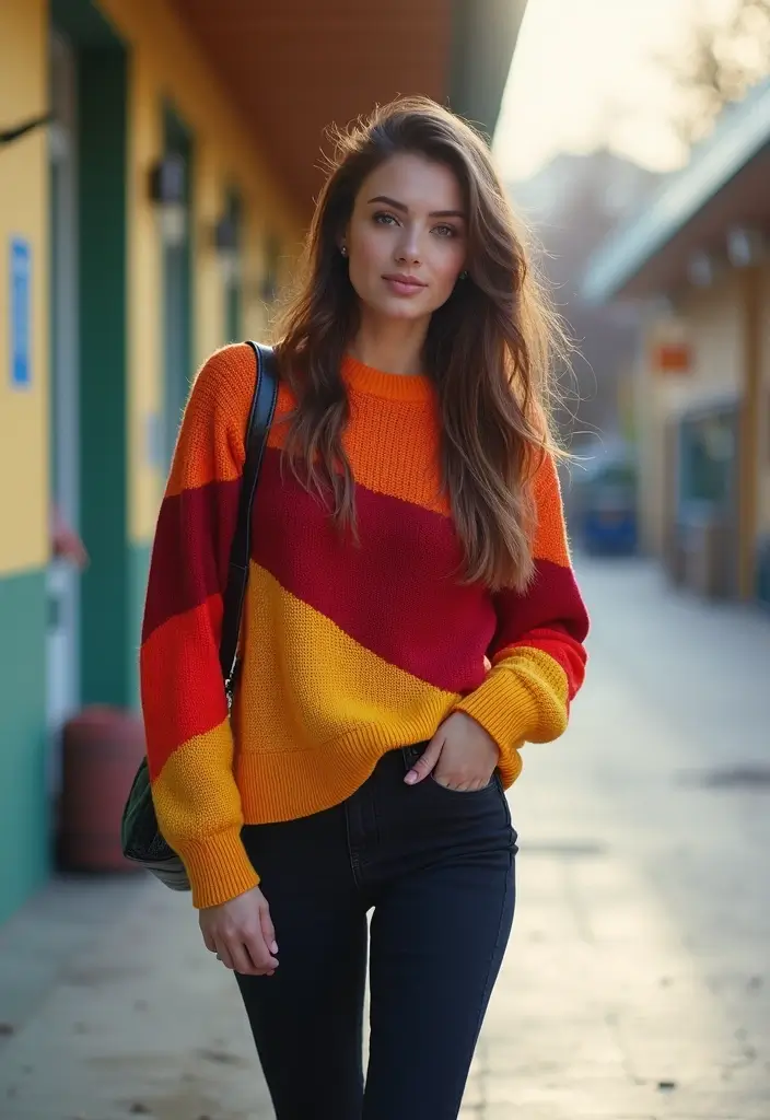 30 Must-Try Outfit Invernali Scuola Combos This Season - 26. Color Block Sweater with Black Jeans