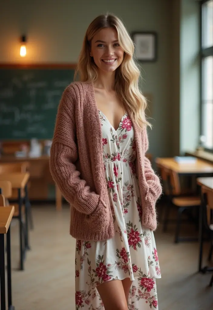 30 Must-Try Outfit Invernali Scuola Combos This Season - 28. Floral Print Dress with Sweater