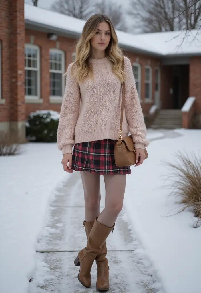 30 Must-Try Outfit Invernali Scuola Combos This Season - 3. Cozy Knit Sweater with Plaid Skirt