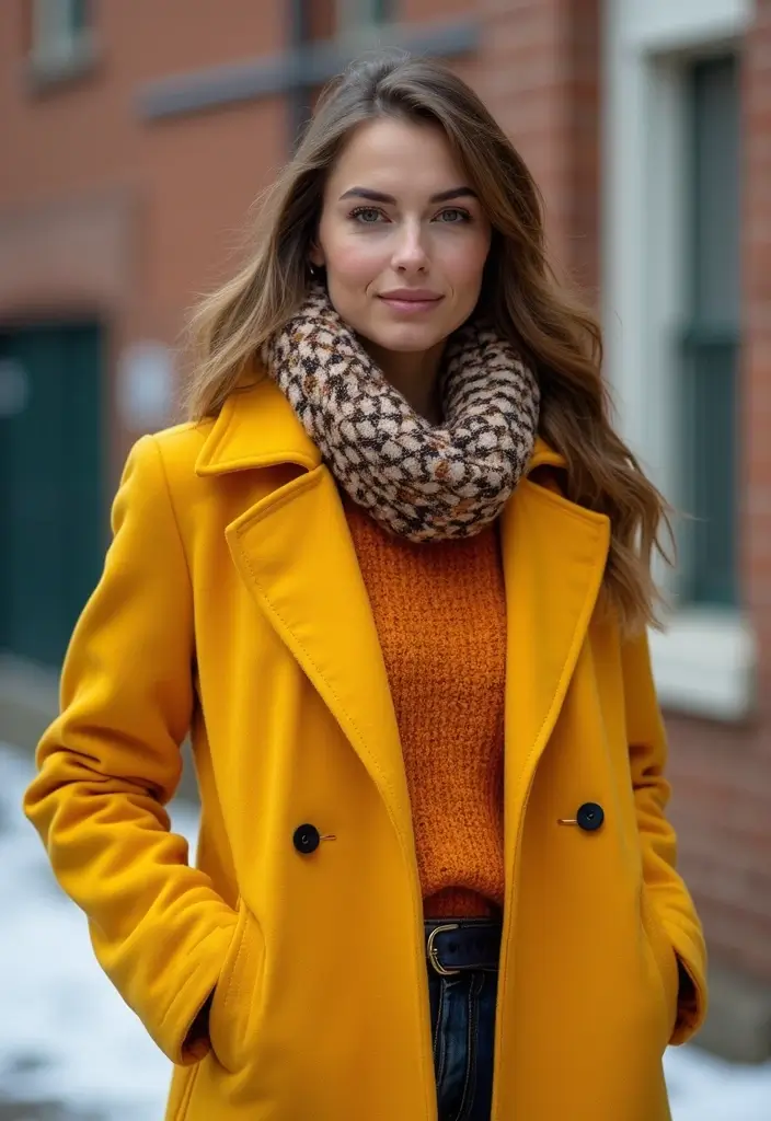 30 Must-Try Outfit Invernali Scuola Combos This Season - 8. Brightly Colored Peacoat with Scarf