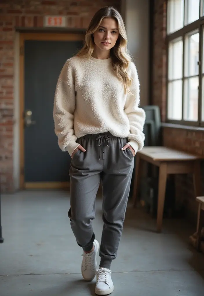 30 Must-Try Outfit Invernali Scuola Combos This Season - 9. Fluffy Fleece Pullover with Joggers