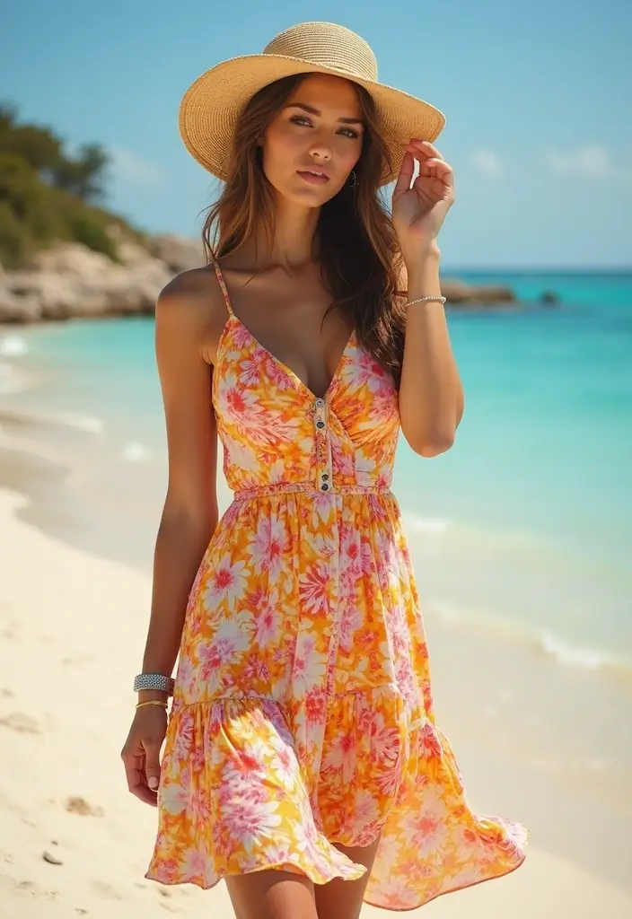 30 Stylish Casual Party Outfits for Every Occasion - 13. Colorful Wide-Brim Hat with a Sundress