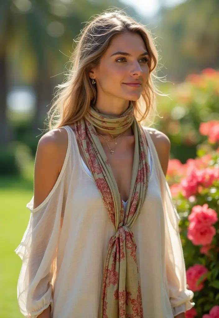 30 Stylish Casual Party Outfits for Every Occasion - 27. Breezy Tunic with a Scarf