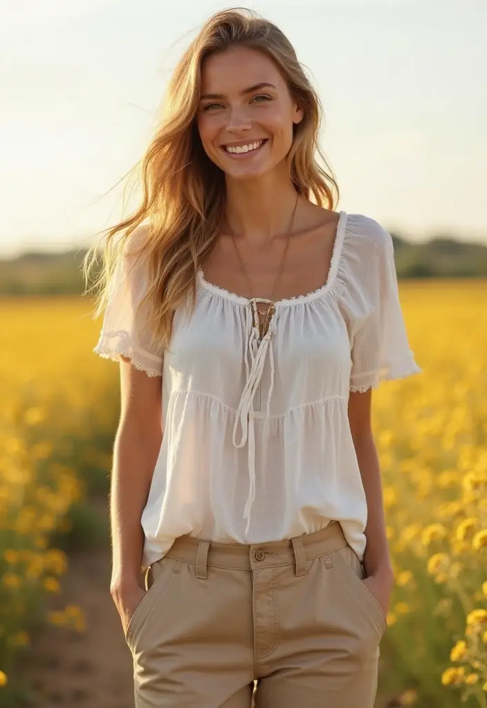 30 Stylish Casual Party Outfits for Every Occasion - 29. Breezy Peasant Top with Chinos