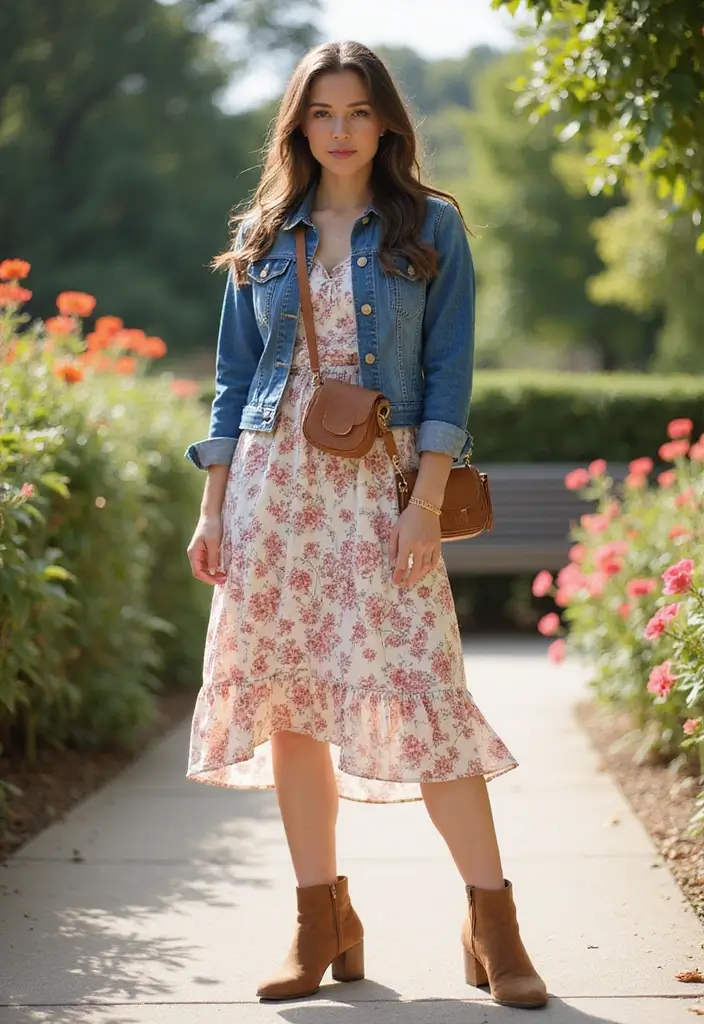 30 Stylish Casual Party Outfits for Every Occasion - 3. Denim Jacket with a Floral Midi Dress