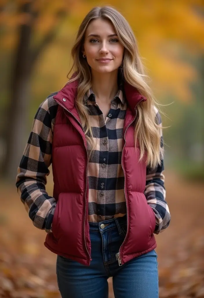 30 Stylish Casual Party Outfits for Every Occasion - 30. Stylish Puffer Vest with a Flannel Shirt