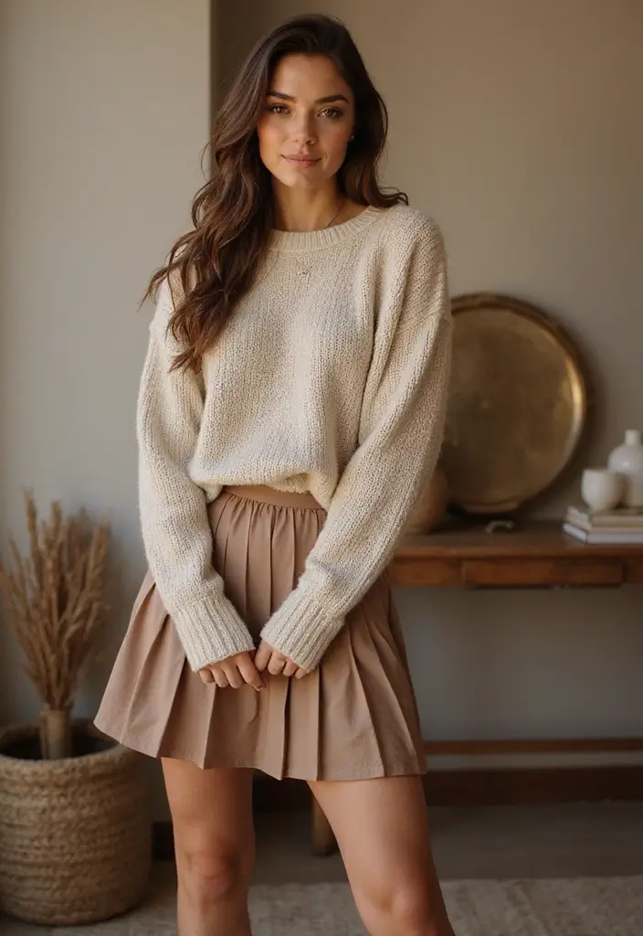 30 Stylish Casual Party Outfits for Every Occasion - 5. Chic Sweater with Pleated Skirt