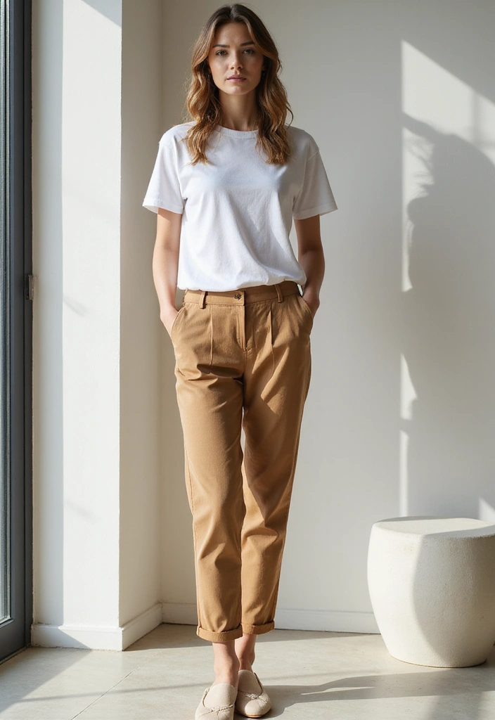 30 Stylish Casual Party Outfits for Every Occasion - 6. Classic White Tee with Camel Trousers