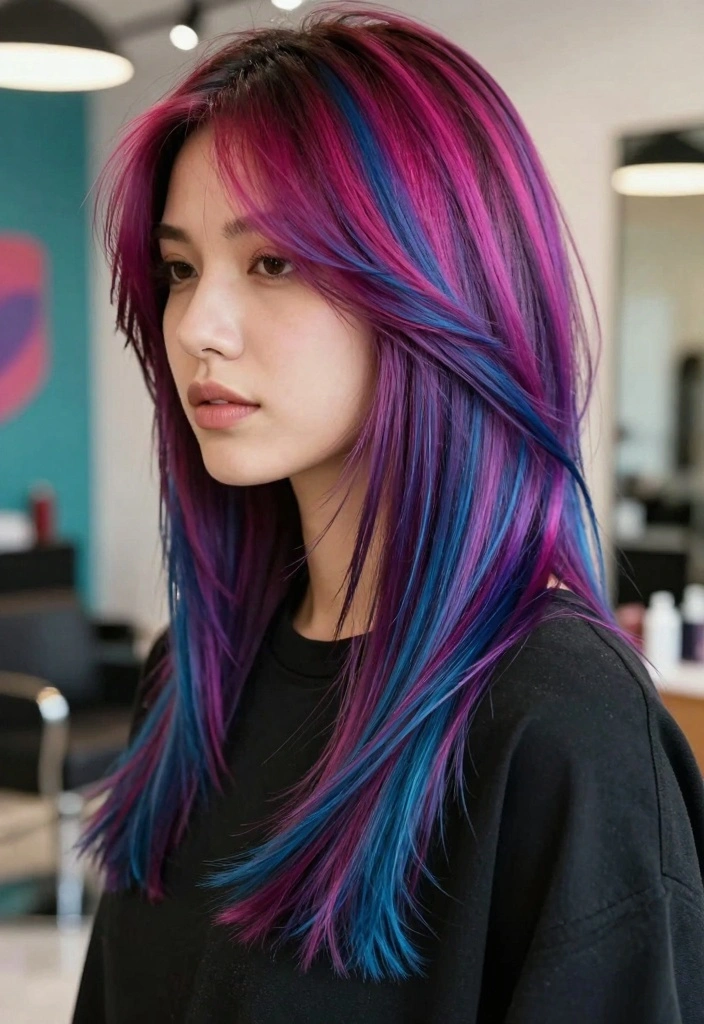 15 Haircuts for Medium Length Hair Layered Ideas Balanced Shape - 11. Vibrant Layered Cut with Bold Colors 1