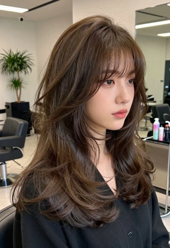 15 Haircuts for Medium Length Hair Layered Ideas Balanced Shape - 4. Layered Waves with Curtain Bangs 1