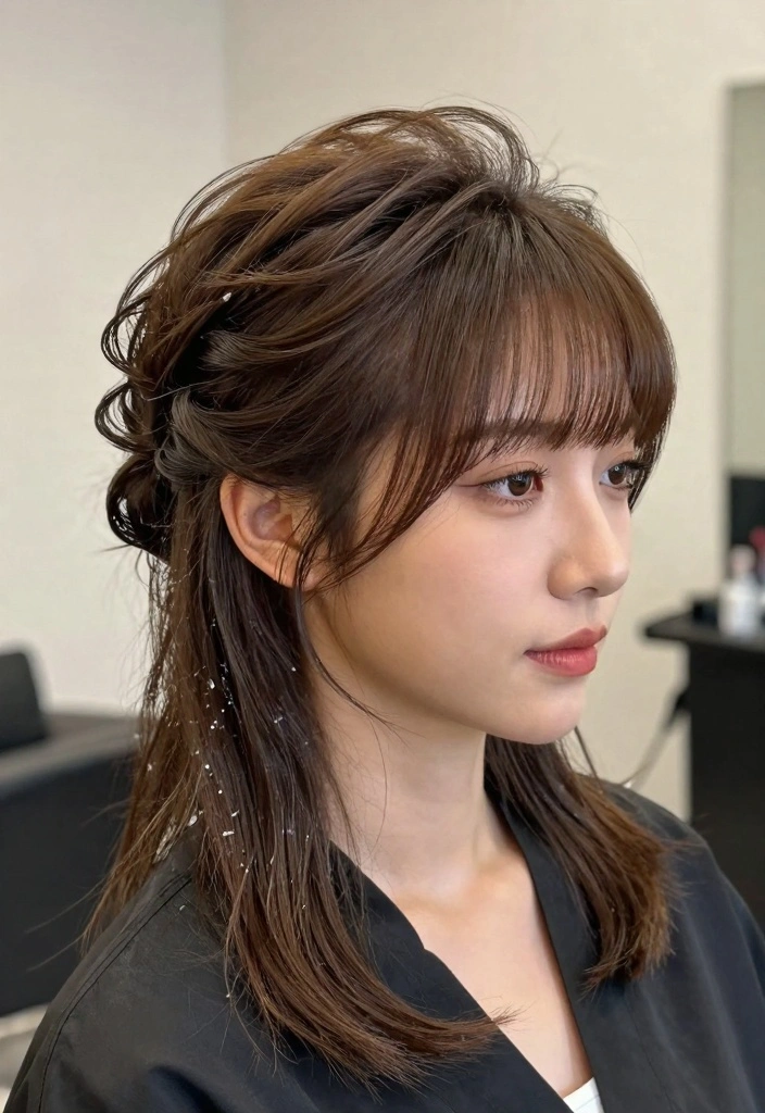 15 Haircuts for Medium Length Hair Layered Ideas Balanced Shape - 8. Layered Updo with Fringed Bangs 1