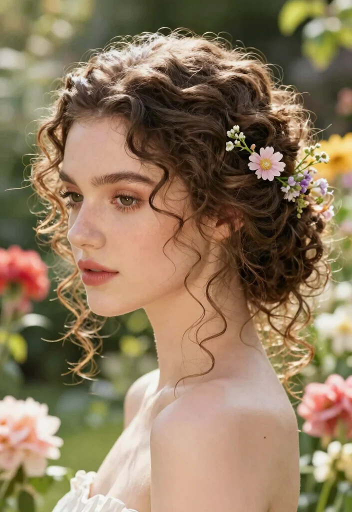 15 Natural Hair Updo Wedding Ideas: Elegant Protective Styles - 6. Curly Updo with Floral Accents 1
