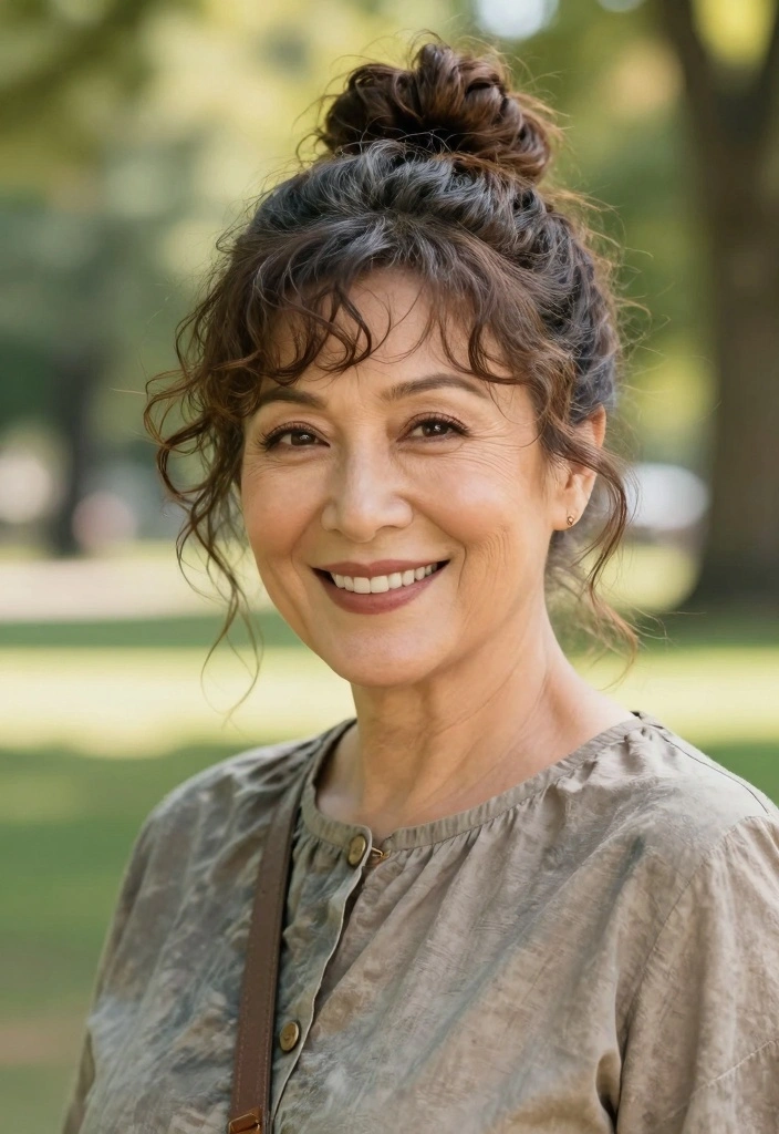 16 Hairstyles Over 50 Ideas for Timeless Youthful Style - 3. Messy Top Knot 1