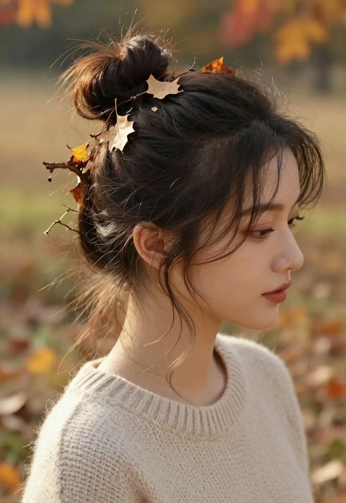 18 Fall Hair Inspo Ideas Save Worthy Looks - 7. Messy Bun with Autumn Accents 1
