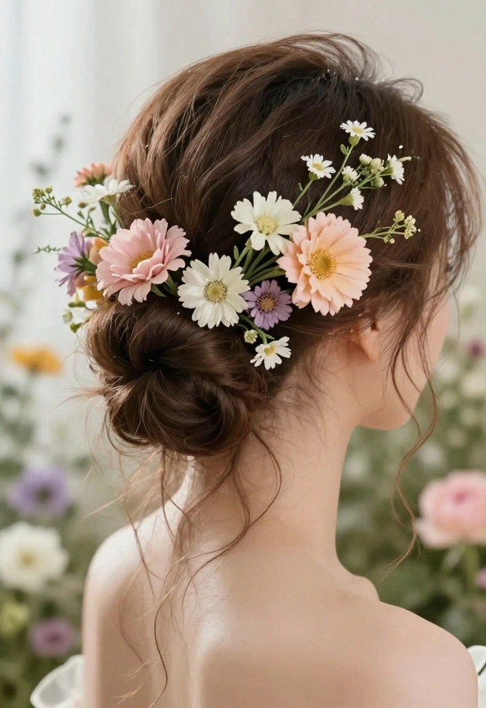 18 Princess Hair Ideas for Soft Fairytale Volume - 14. Whimsical Floral Updo 1