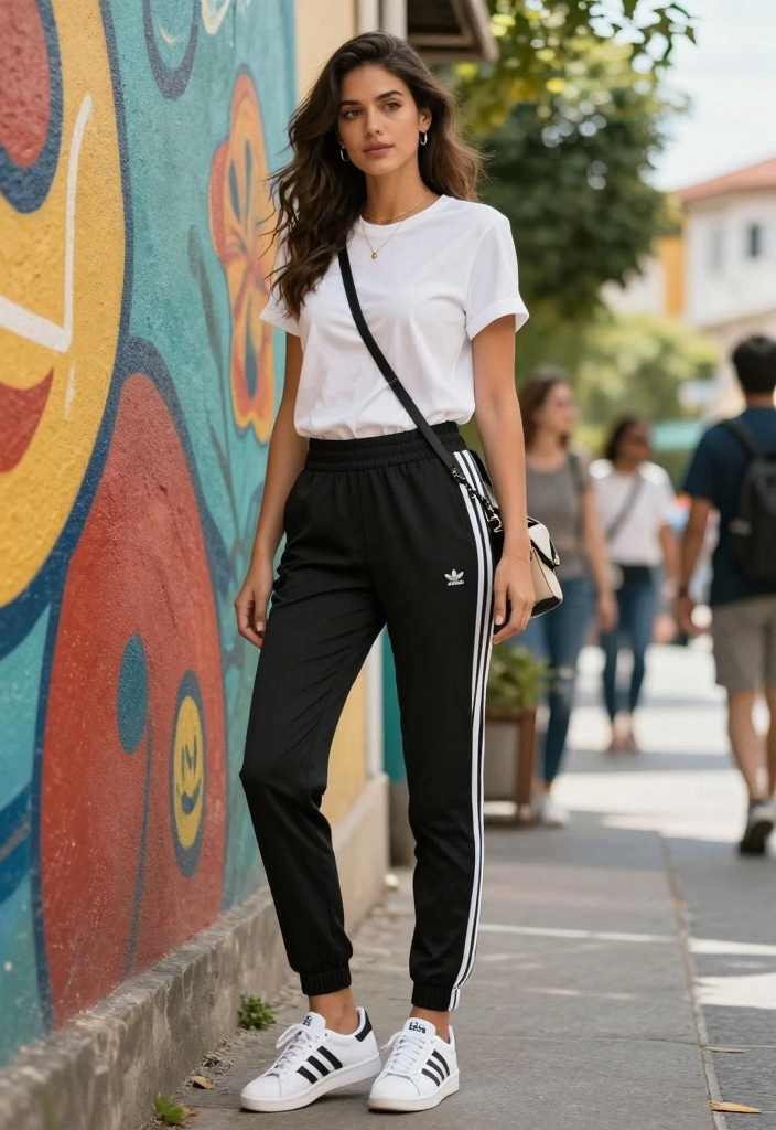 14 Adidas Firebird Pants Outfit Ideas For Women With Sporty Chic - 1. Classic White Tee and Firebird Combo 1