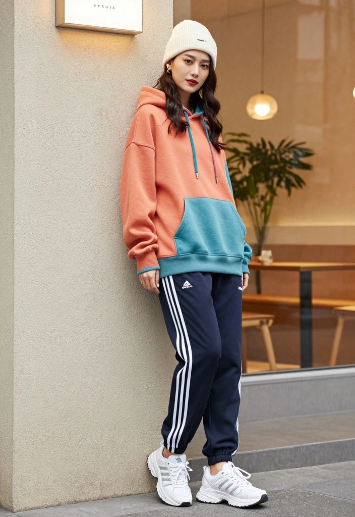14 Adidas Firebird Pants Outfit Ideas For Women With Sporty Chic - 2. Oversized Hoodie for Cozy Vibes 1