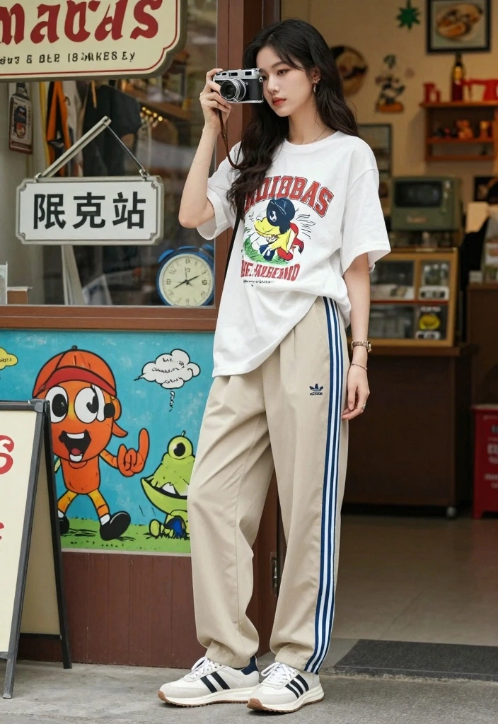 14 Adidas Firebird Pants Outfit Ideas For Women With Sporty Chic - 8. Vintage Tee for a Retro Look 1