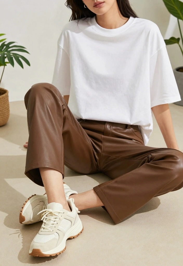 14 Brown Leather Pants Outfit Ideas For Women With Bold Energy - 1. Casual Chic with a White Tee 1
