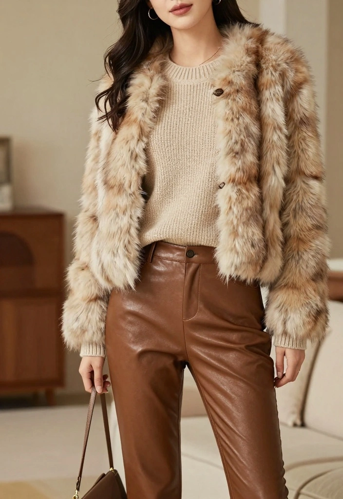 14 Brown Leather Pants Outfit Ideas For Women With Bold Energy - 12. Mixing Textures 1