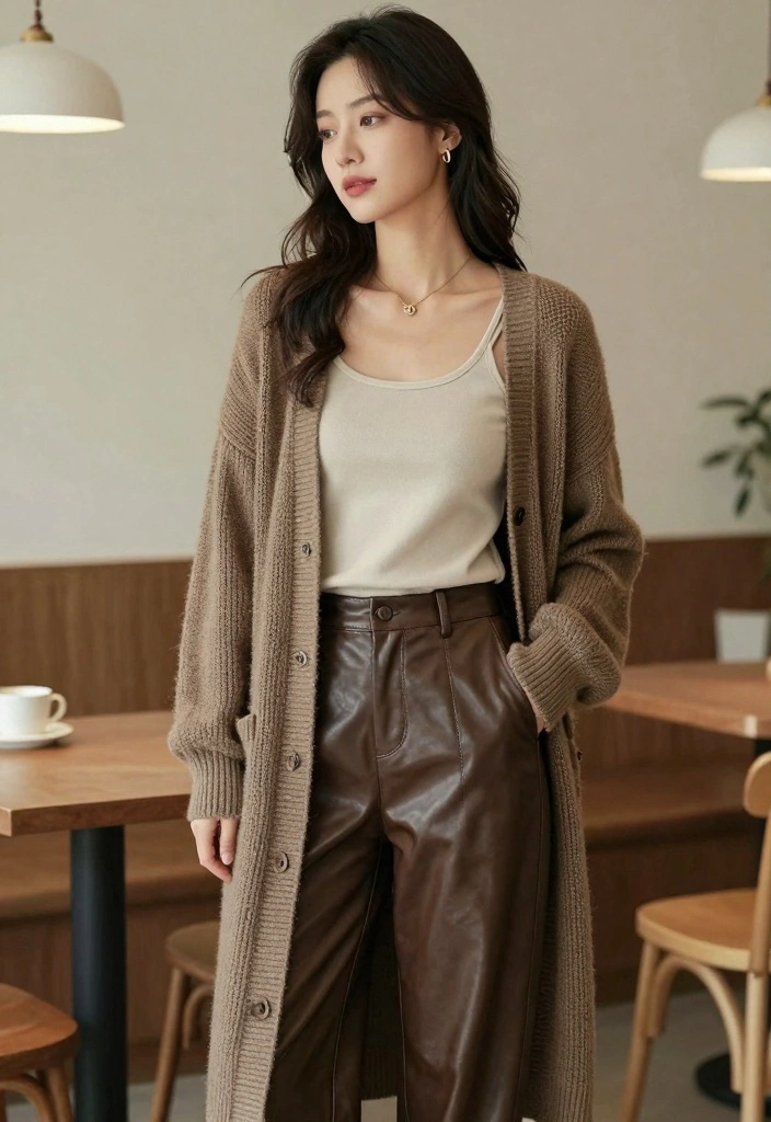 14 Brown Leather Pants Outfit Ideas For Women With Bold Energy - 14. Casual Layered Look 1