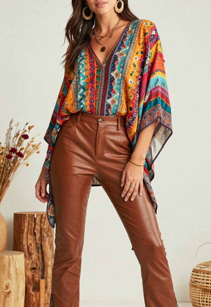 14 Brown Leather Pants Outfit Ideas For Women With Bold Energy - 3. Boho Vibes with a Flowing Top 1