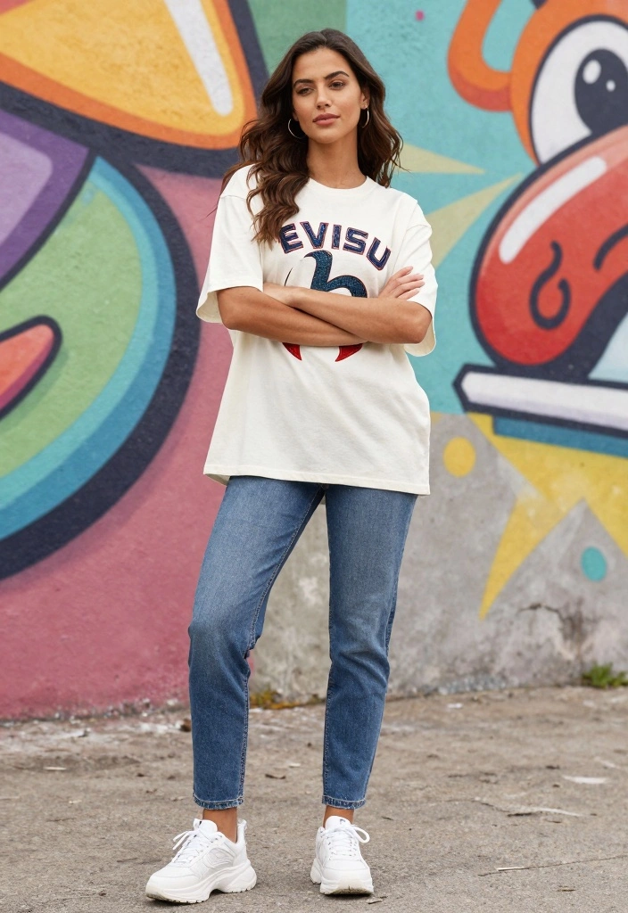 14 Evisu Jeans Outfit Ideas For Women With Y2K Energy - 1. The Classic Oversized Tee 1