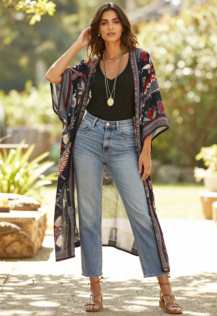 14 Evisu Jeans Outfit Ideas For Women With Y2K Energy - 10. Bohemian Vibes with a Kimono 1
