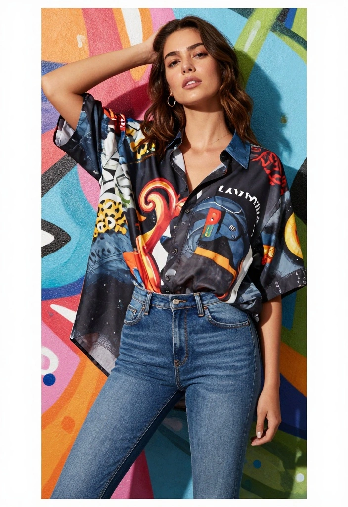 14 Evisu Jeans Outfit Ideas For Women With Y2K Energy - 9. The Printed Shirt Layer 1