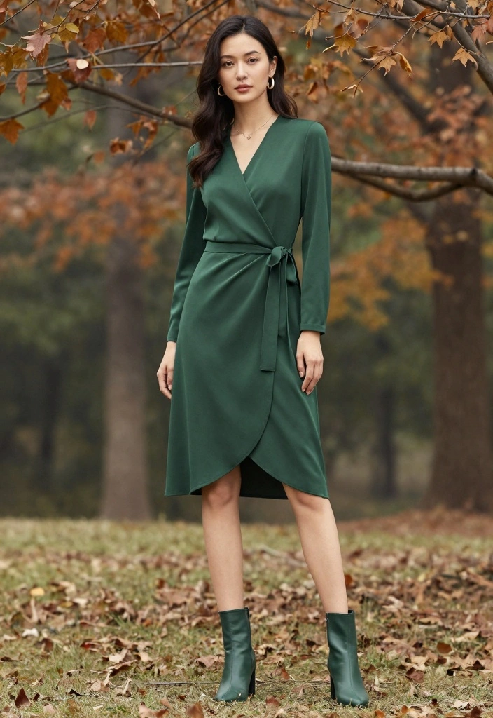 14 Fall Baby Shower Outfit Ideas For Women With Soft Elegance - 7. Chic Wrap Dress with Long Sleeves 1