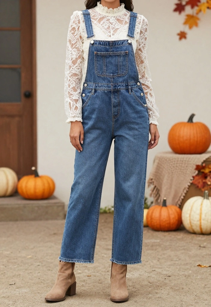 14 Fall Baby Shower Outfit Ideas For Women With Soft Elegance - 8. Stylish Overalls with a Soft Top 1