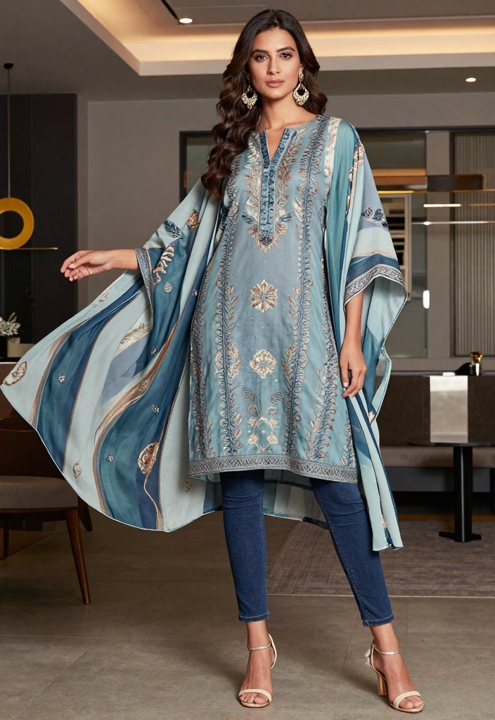 14 Kurti And Jeans Outfit Ideas For Women With Fusion Style - 10. Cape Style Kurti with Jeggings 1