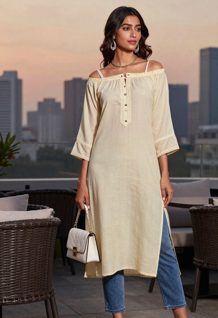 14 Kurti And Jeans Outfit Ideas For Women With Fusion Style - 12. Off-Shoulder Kurti with Classic Jeans 1