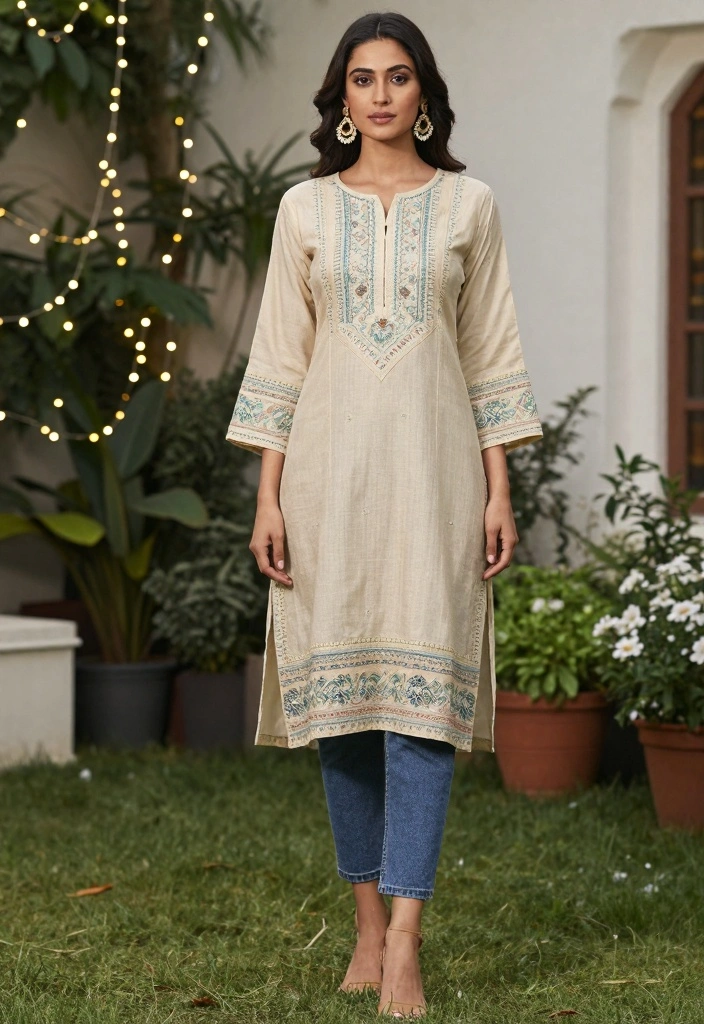 14 Kurti And Jeans Outfit Ideas For Women With Fusion Style - 13. Chikan Work Kurti with Ankle-Length Jeans 1