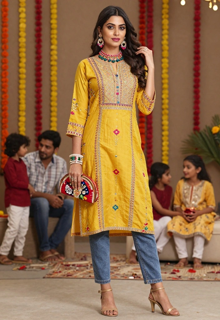 14 Kurti And Jeans Outfit Ideas For Women With Fusion Style - 14. Festive Kurti with Comfy Jeans 1