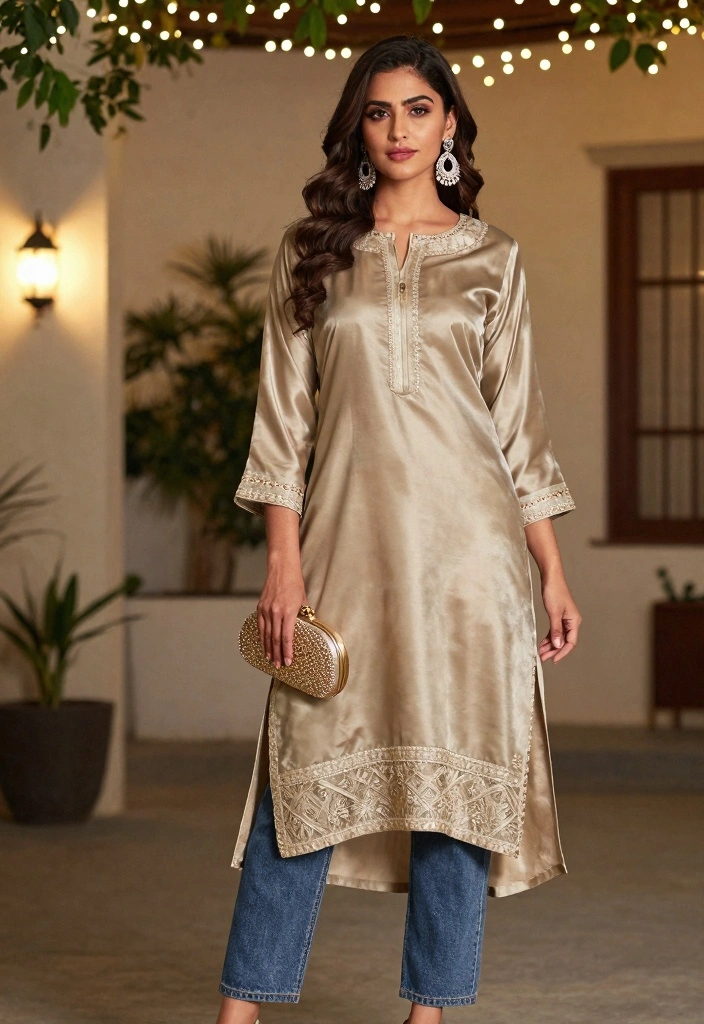 14 Kurti And Jeans Outfit Ideas For Women With Fusion Style - 3. Asymmetrical Kurti with Straight Leg Jeans 1