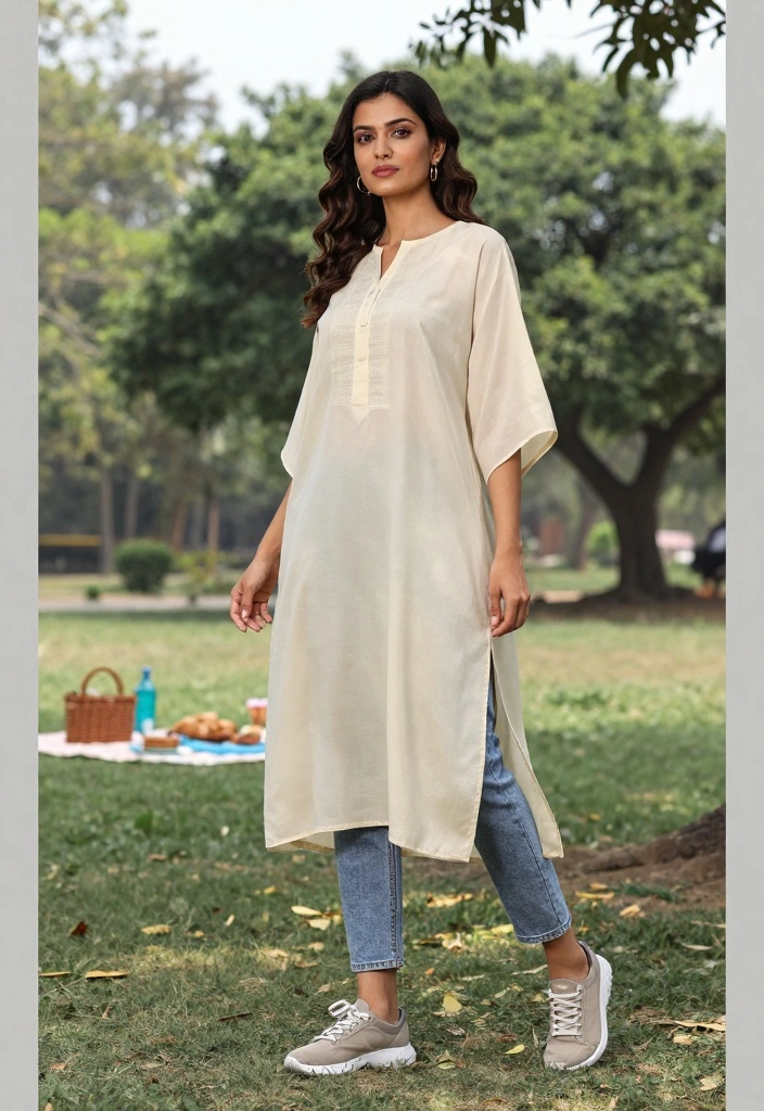 14 Kurti And Jeans Outfit Ideas For Women With Fusion Style - 4. Kaftan Style Kurti with Boyfriend Jeans 1