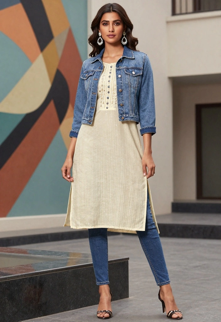 14 Kurti And Jeans Outfit Ideas For Women With Fusion Style - 5. Anarkali Kurti with Denim Jacket and Slim Jeans 1
