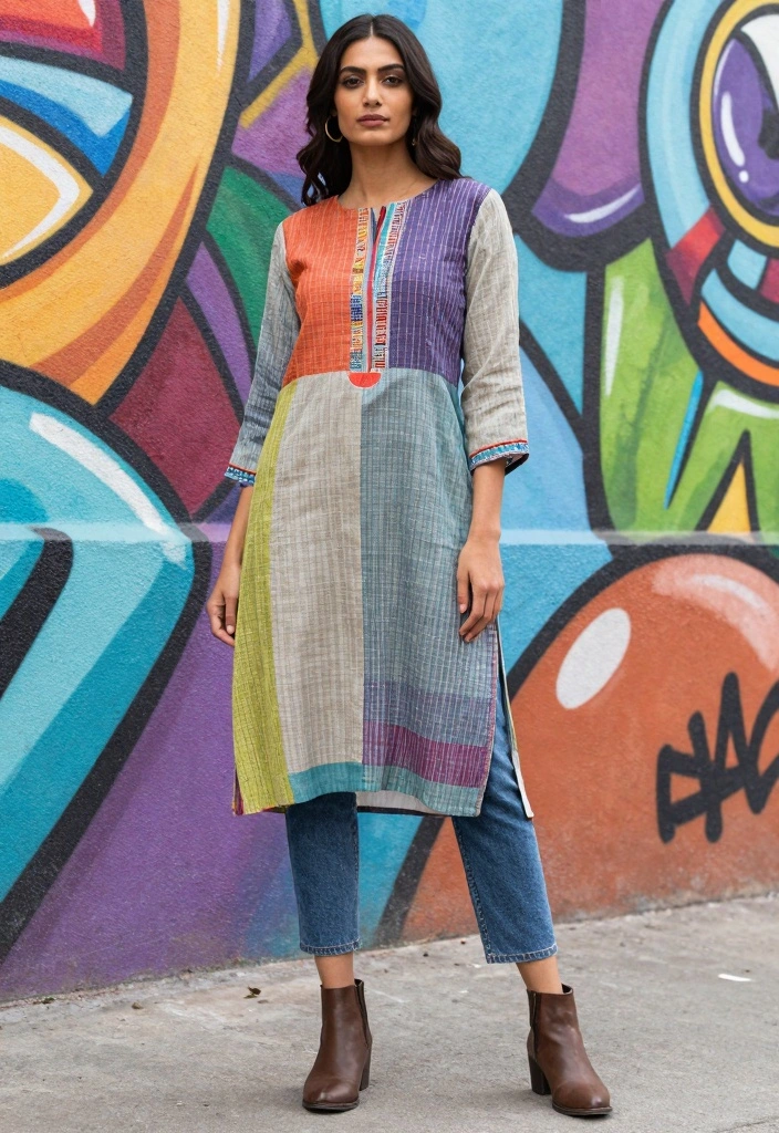 14 Kurti And Jeans Outfit Ideas For Women With Fusion Style - 6. Layered Kurti with Cropped Jeans 1