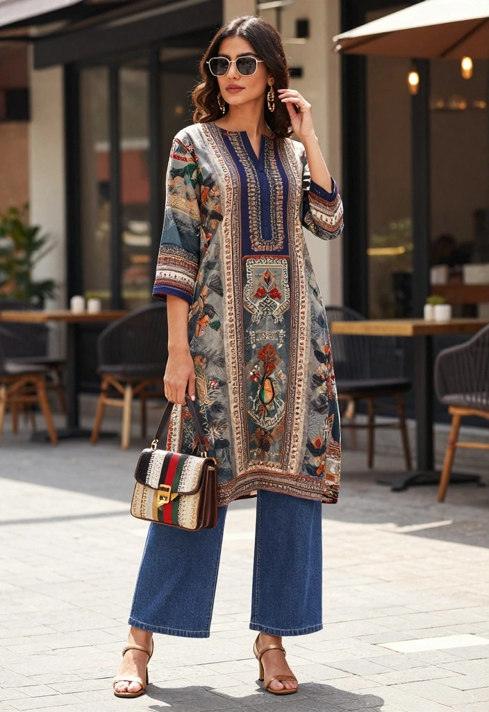 14 Kurti And Jeans Outfit Ideas For Women With Fusion Style - 7. Ethnic Printed Kurti with Wide-Leg Jeans 1