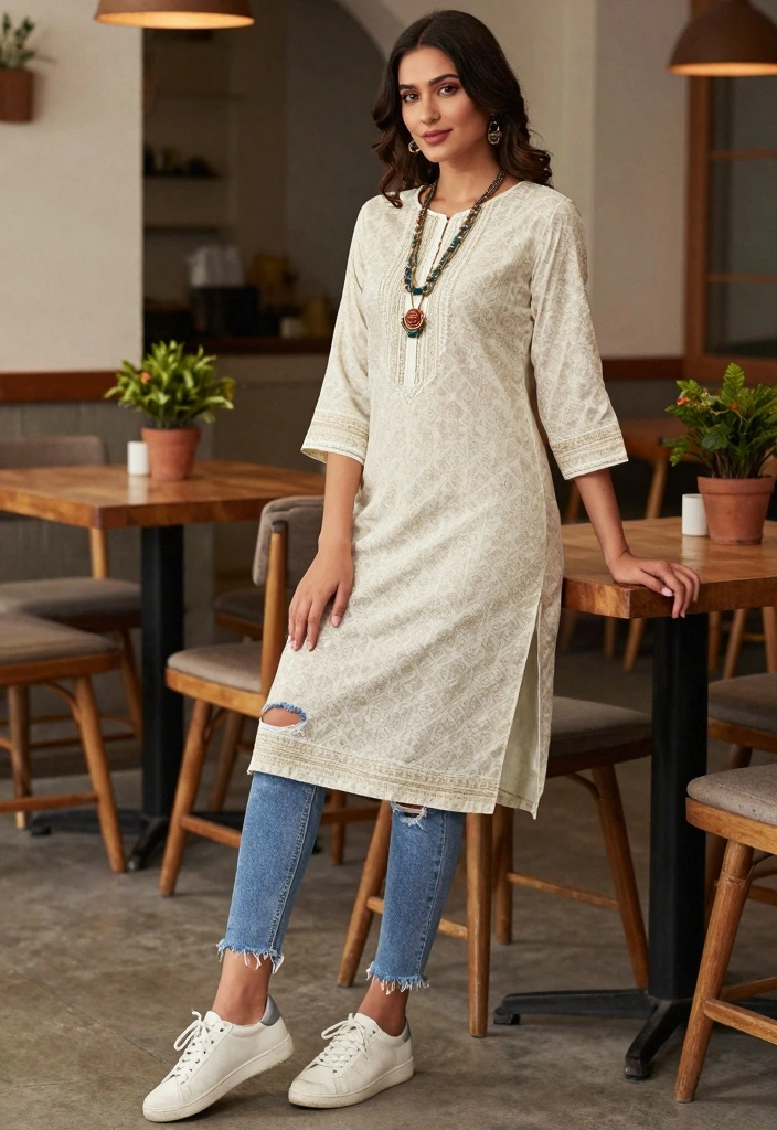 14 Kurti And Jeans Outfit Ideas For Women With Fusion Style - 8. Half-Sleeve Kurti with Distressed Jeans 1