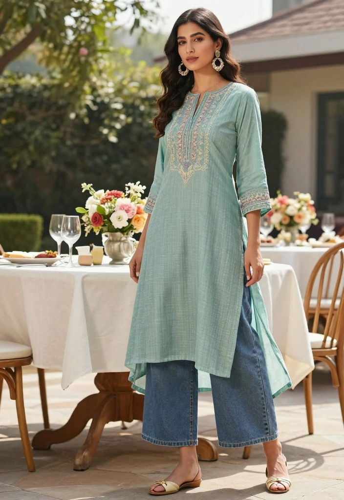 14 Kurti And Jeans Outfit Ideas For Women With Fusion Style - 9. High-Low Kurti with Palazzo Jeans 1
