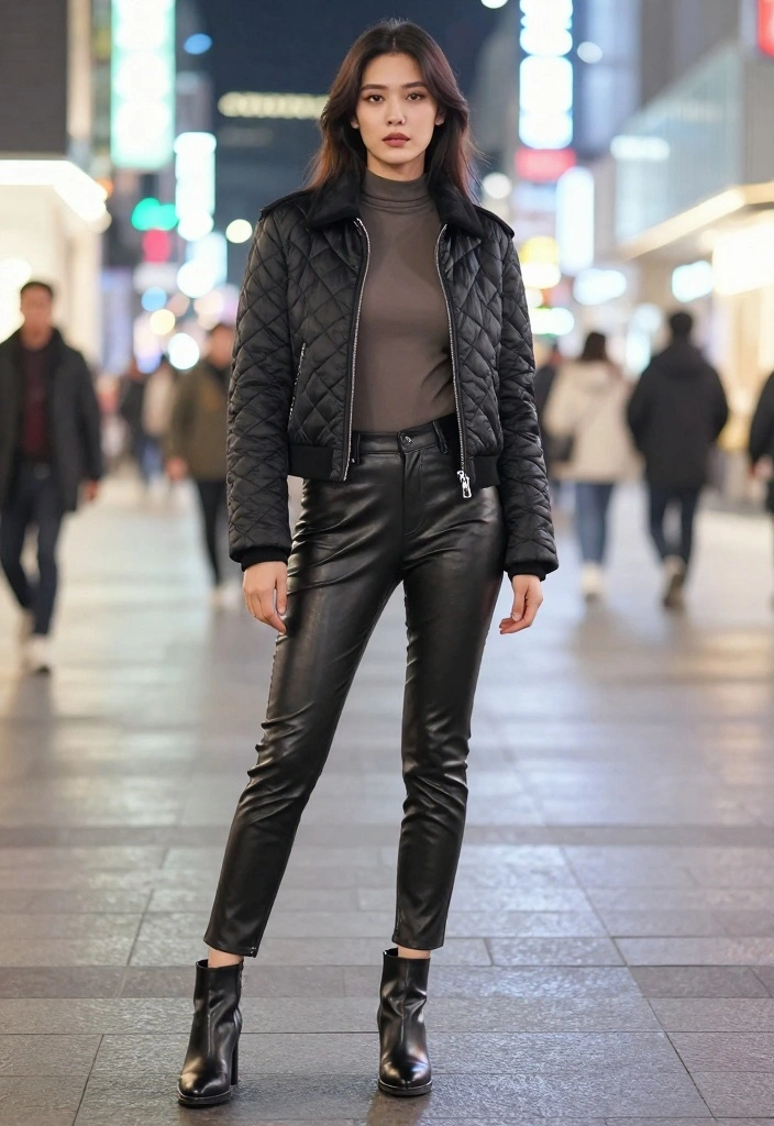 14 Quilted Jacket Outfit Ideas For Women For Cozy Days - 11. Edgy with Leather Pants 1