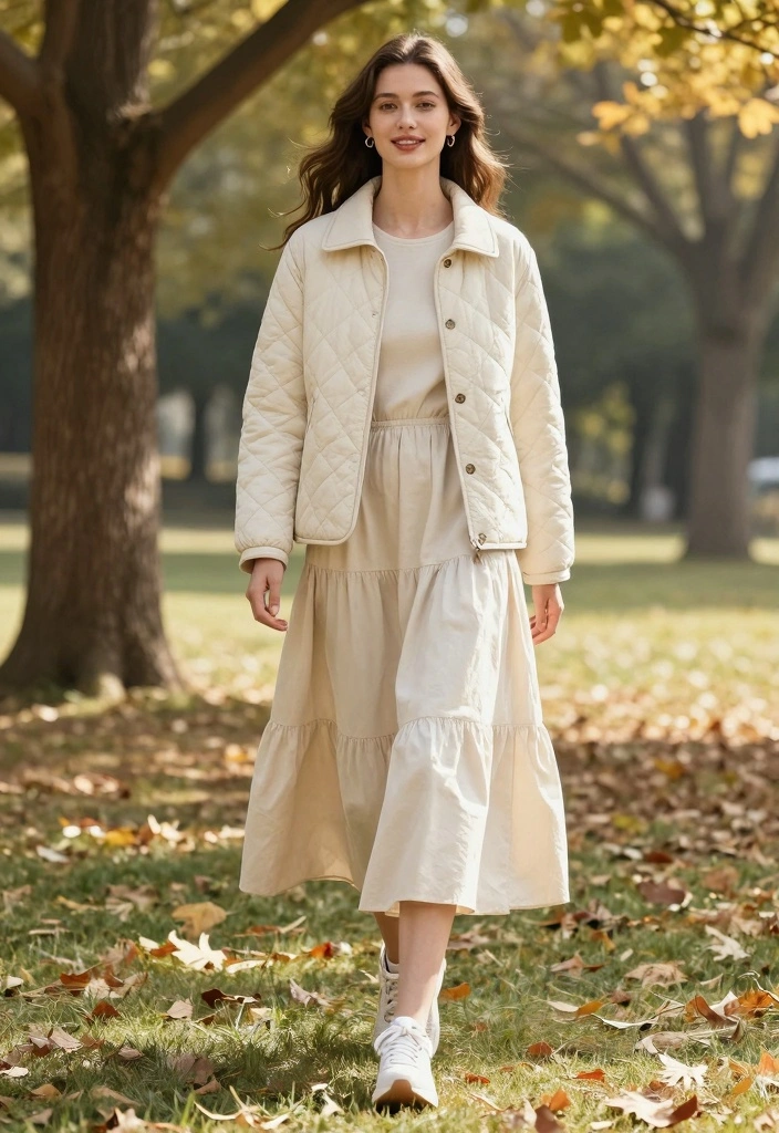 14 Quilted Jacket Outfit Ideas For Women For Cozy Days - 13. Comfy with a Tiered Maxi Dress 1