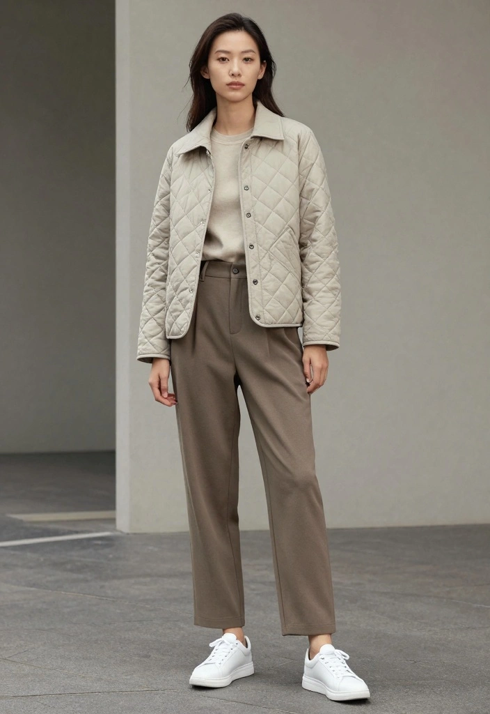 14 Quilted Jacket Outfit Ideas For Women For Cozy Days - 14. Minimalist Vibes with a Neutral Palette 1