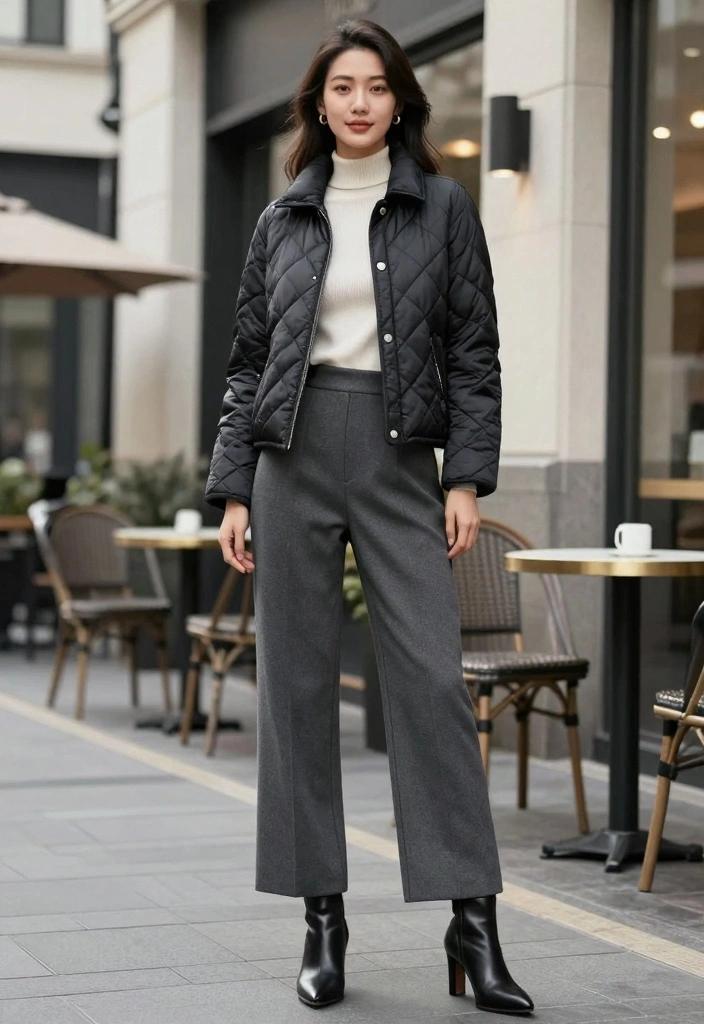 14 Quilted Jacket Outfit Ideas For Women For Cozy Days - 4. Trendy with Wide-Leg Trousers 1
