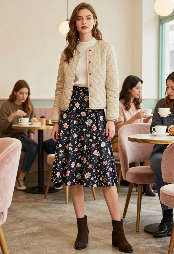 14 Quilted Jacket Outfit Ideas For Women For Cozy Days - 5. Vintage Vibes with High-Waisted Skirt 1