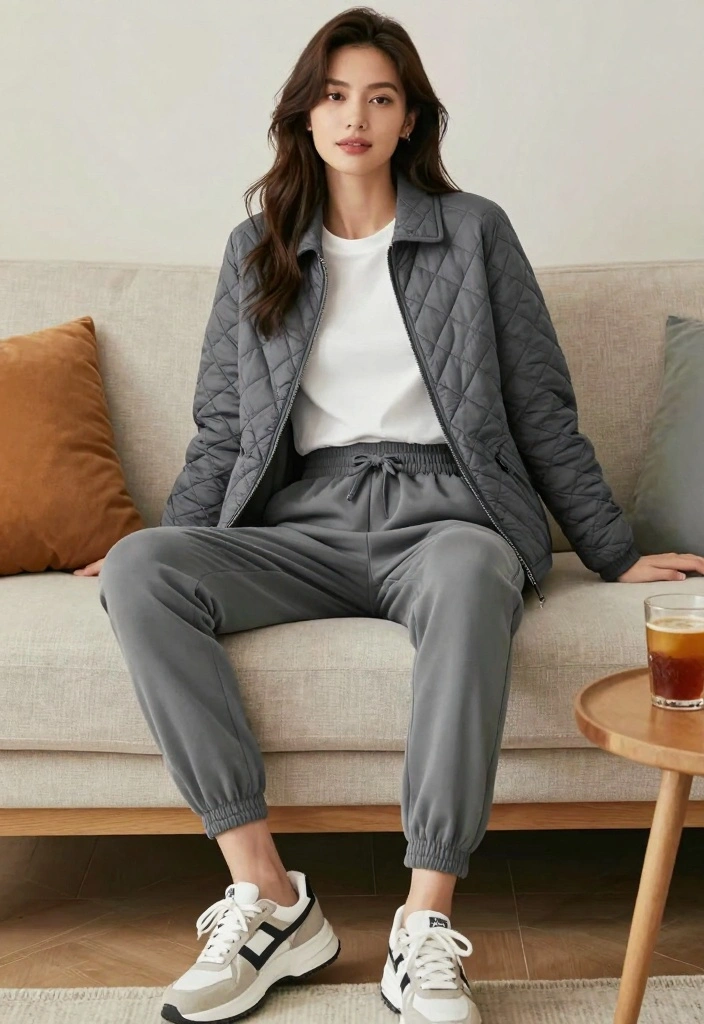 14 Quilted Jacket Outfit Ideas For Women For Cozy Days - 6. Effortless with a Basic Tee and Joggers 1