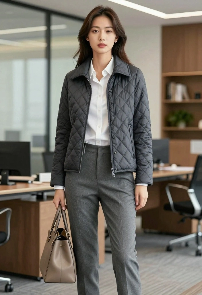 14 Quilted Jacket Outfit Ideas For Women For Cozy Days - 7. Smart Casual with a Button-Up Shirt 1